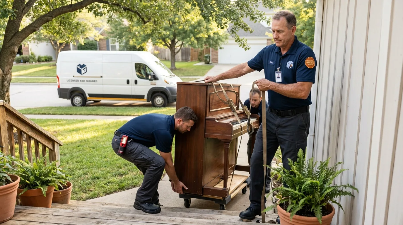 Licensed piano movers securing grand piano in Webberville, MI