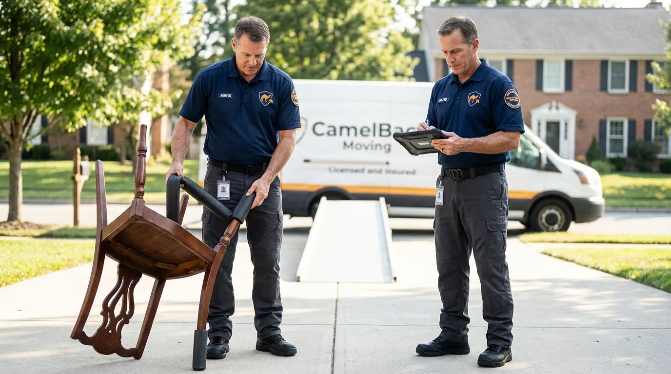 Movers inspecting furniture for damage prevention before loading in Webberville, MI