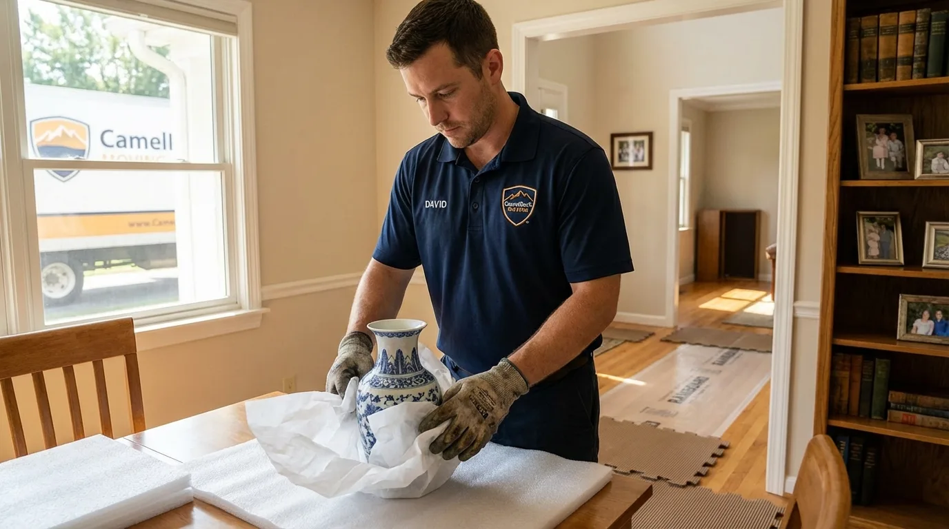 Professional crew carefully wrapping antique vase for senior downsizing move in Webberville, MI