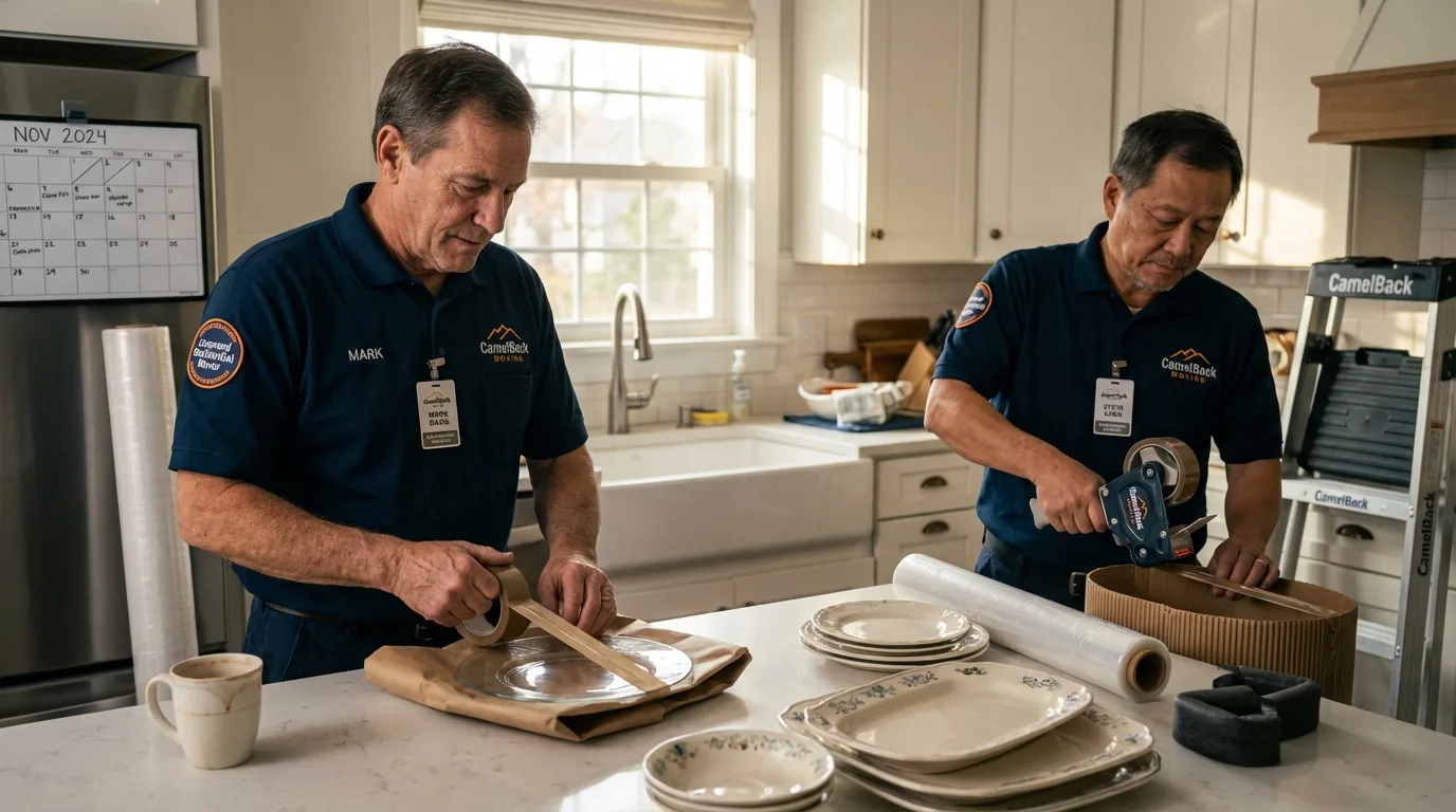 Professional crew packing kitchen dishware in Webberville, MI